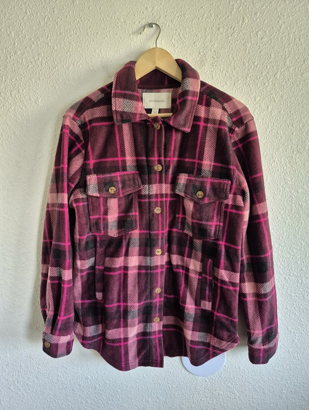 NWT Eco Threads Pink Plaid Button Down Fleece Shacket Womens Size S